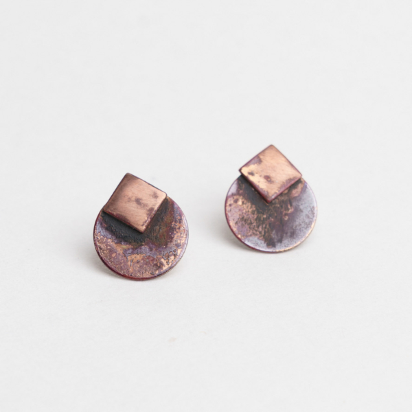 Circle and Square ear stud - kobber